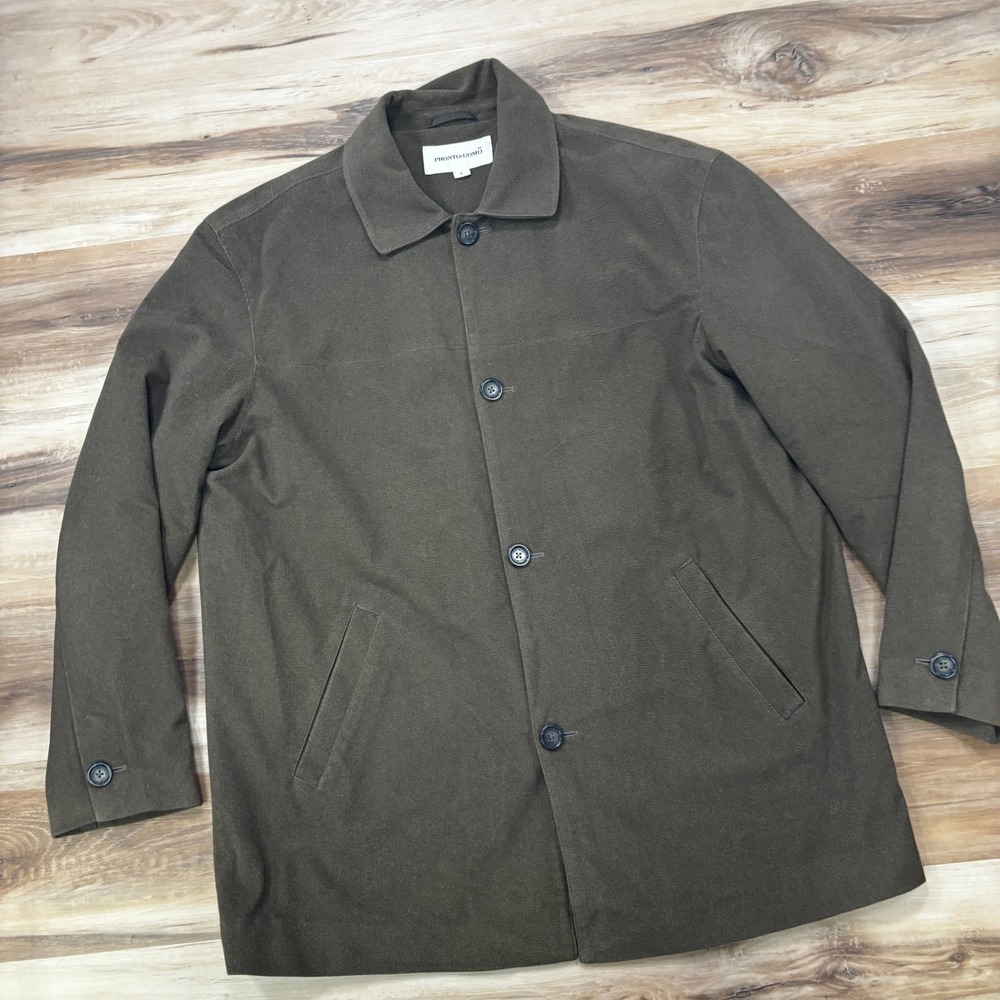Pronto Uomo Car Coat Size L Men Olive-Brown Button Front Polyester Jacket